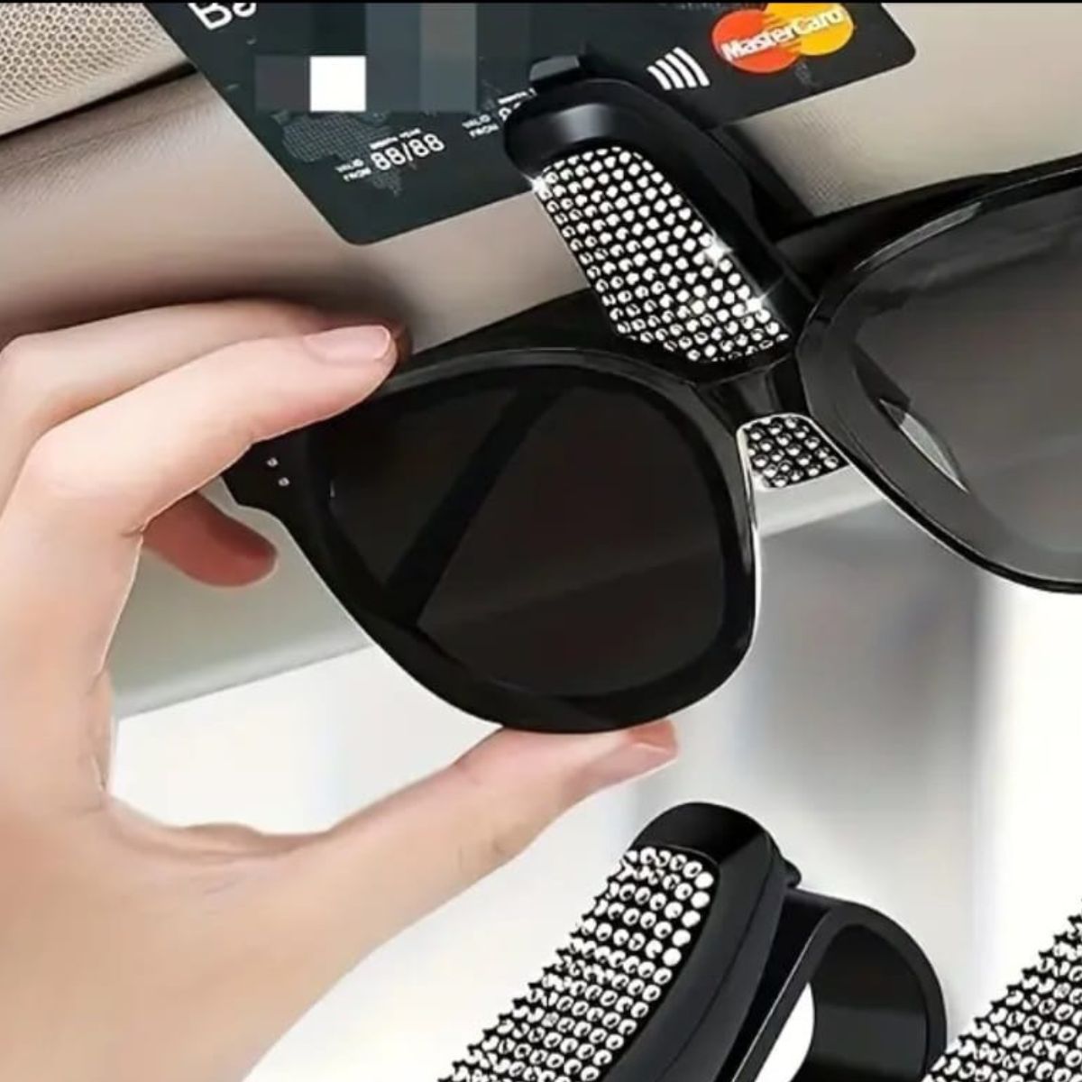 Fashion Car Visor Glasses Holder with Rhinestones and Ticket Clip - Car Interior Accessory.