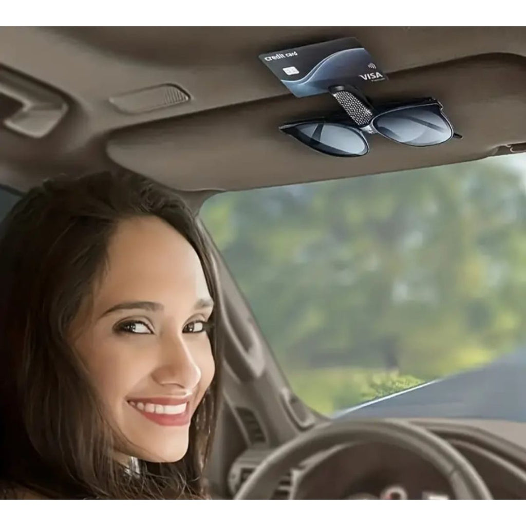 Soporte Gafas Moda para Visera autos con Pedrería y Clip para Boletos - Accesorio Interior para Automóvil. - Isopartes